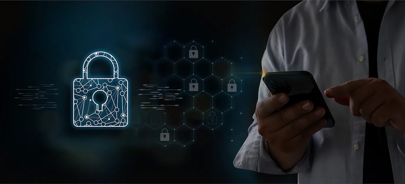 lock key icon with man holding phone checking security image