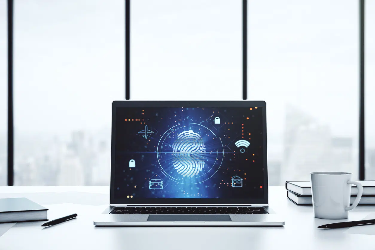 Modern computer screen with creative fingerprint hologram image