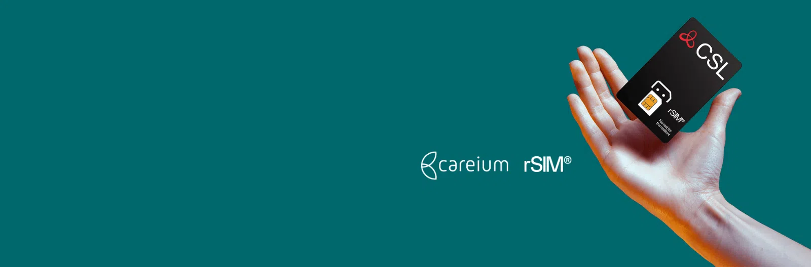 CSL black rSIM levitating on hand image with Careium and rSIM logos