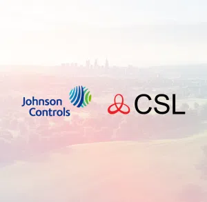 Johnson Controls and CSL logos on countryside background closeup image