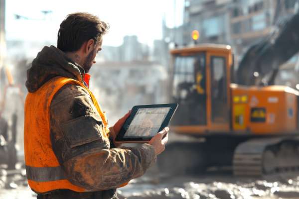 workman on tablet at construction site image