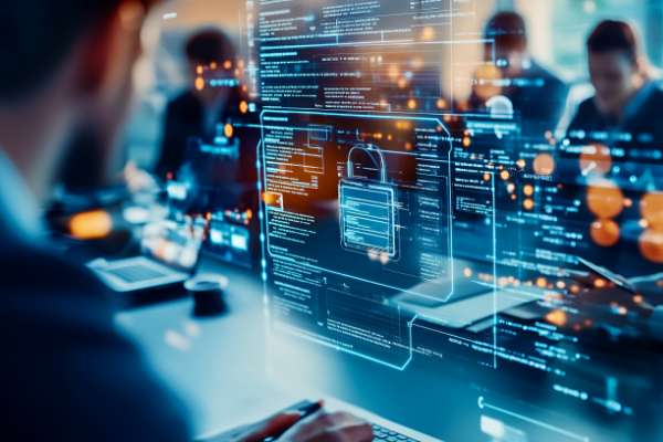 man looking at data screens image