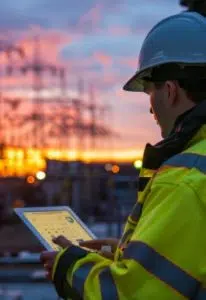 workman on tablet by utilities pylons at sunset image