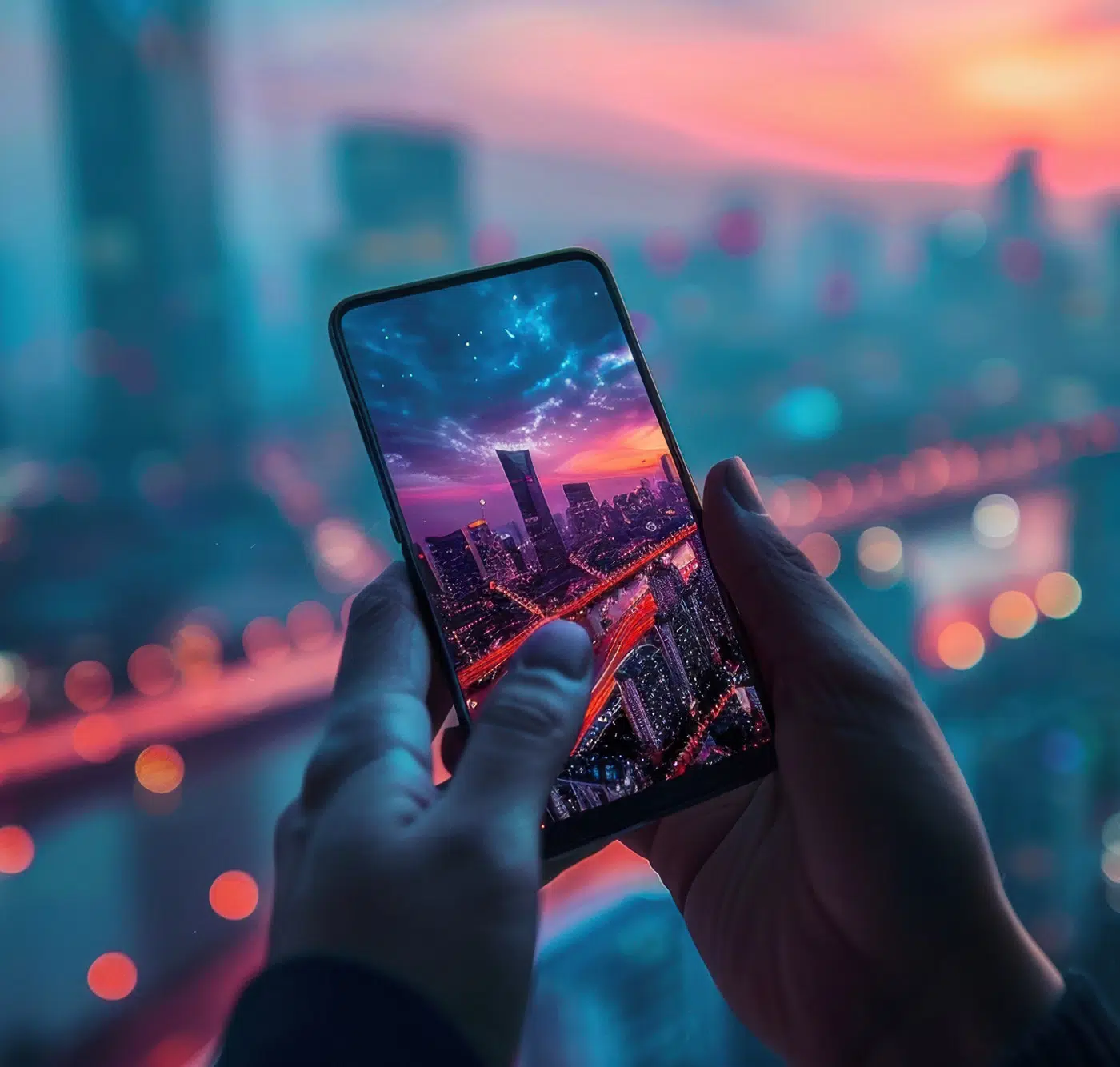Bild einer Skyline bei Sonnenuntergang auf einem Mobiltelefon mit Skyline im Hintergrundbild