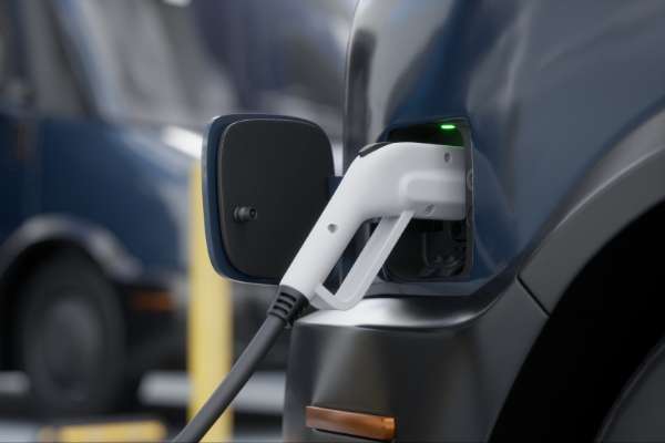 EV-Ladegerät angeschlossen an Elektroauto Bild