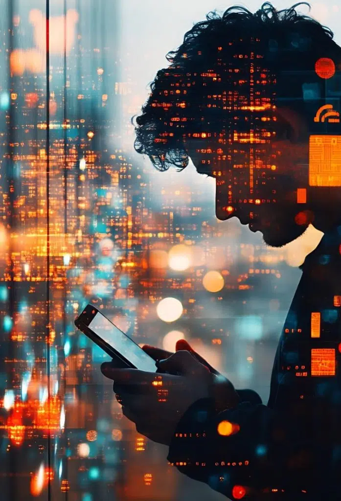 Silhouette of man on mobile phone image