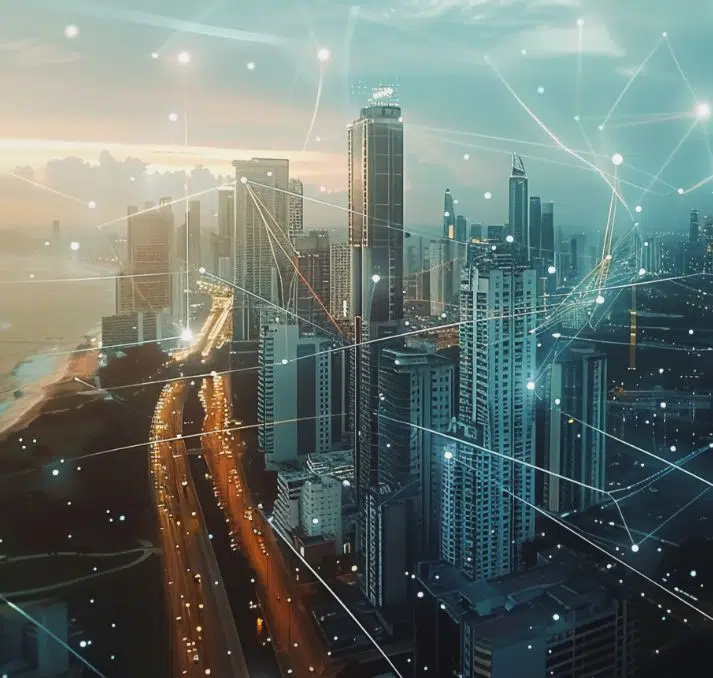 city skyscrapers with connecting lines between buildings and sky image