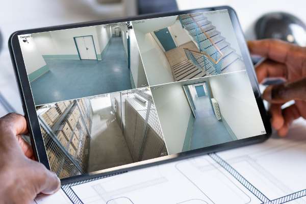 hands holding tablet with screen showing CCTV images