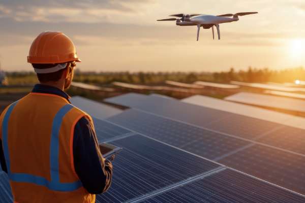 Man operating drone above solar panel field image