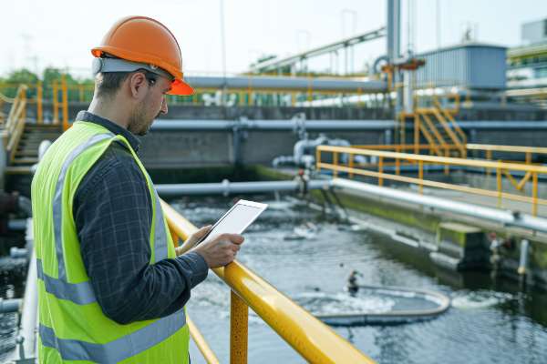 worker on tablet at utilities plant image