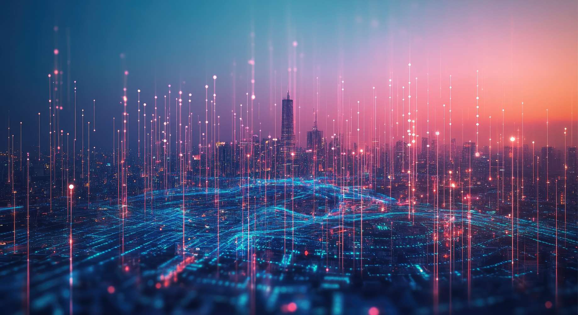 city night sky with graphics of vertical lines and connectivity image