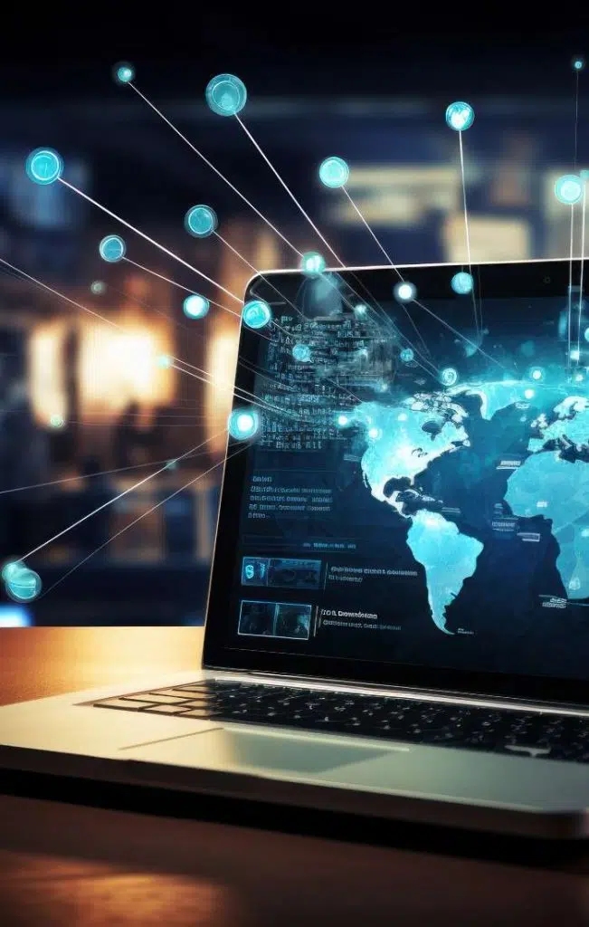 laptop with world showing and abstract graphics image