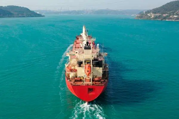 Cargo ship near land image