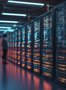 data centre with blurred person image