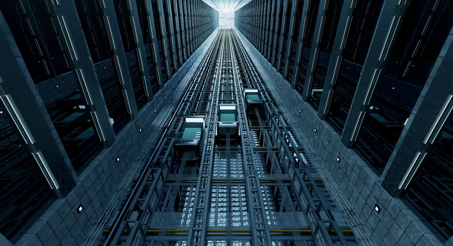 3 lifts inside building taken from lower angle image