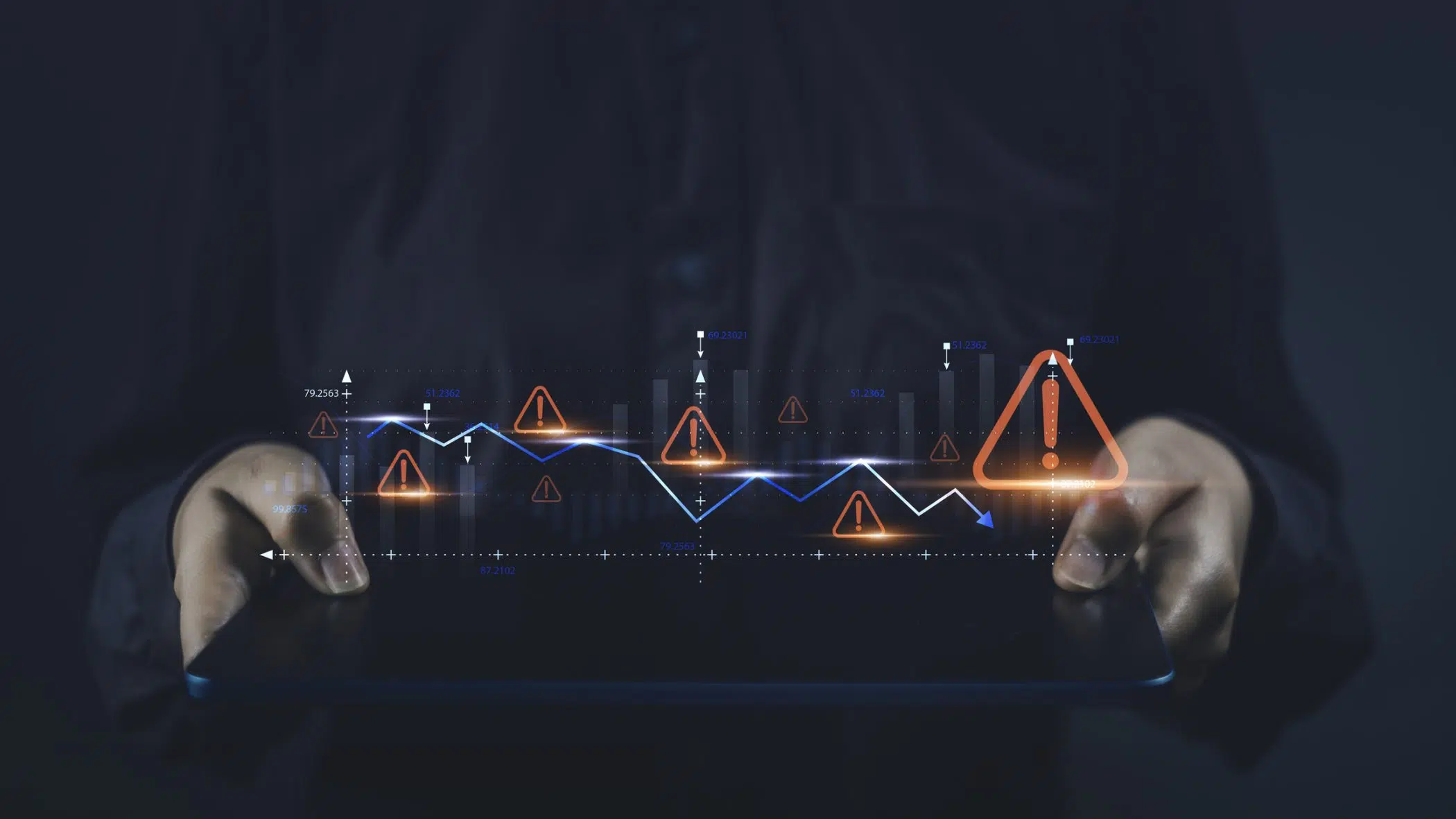 graph data fall with alert warning sign for caution connectivity downitme situation warning.