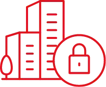 Hersteller-Symbol – Gebäude oder Fabrik mit Vorhängeschloss-Symbol