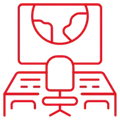 Red icon showing chair at desk overlooking worldwide platform