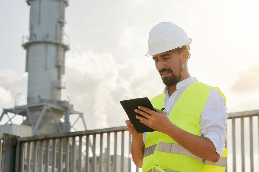 a person in a hard hat and safety vest is using a tablet in front of an industrial plant