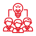 Red icon three people with a lightblub idea.