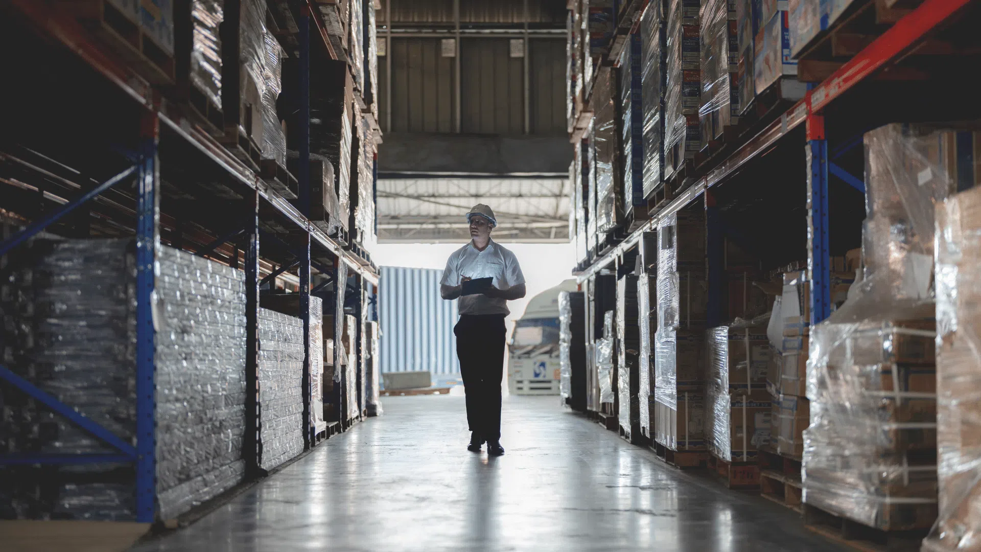 CSL Satellite a person is walking through a warehouse aisle
