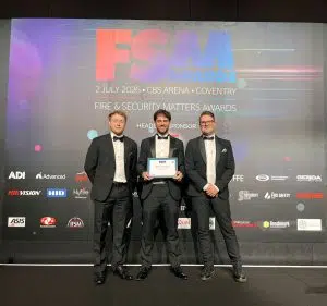 Members of the CSL team holding a Highly Commended certificate on stage at the Fire & Security Matters Awards 2026, Coventry.