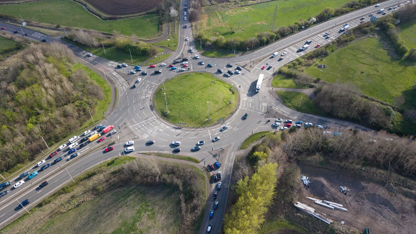 Aerial view of traffic at a roundabout